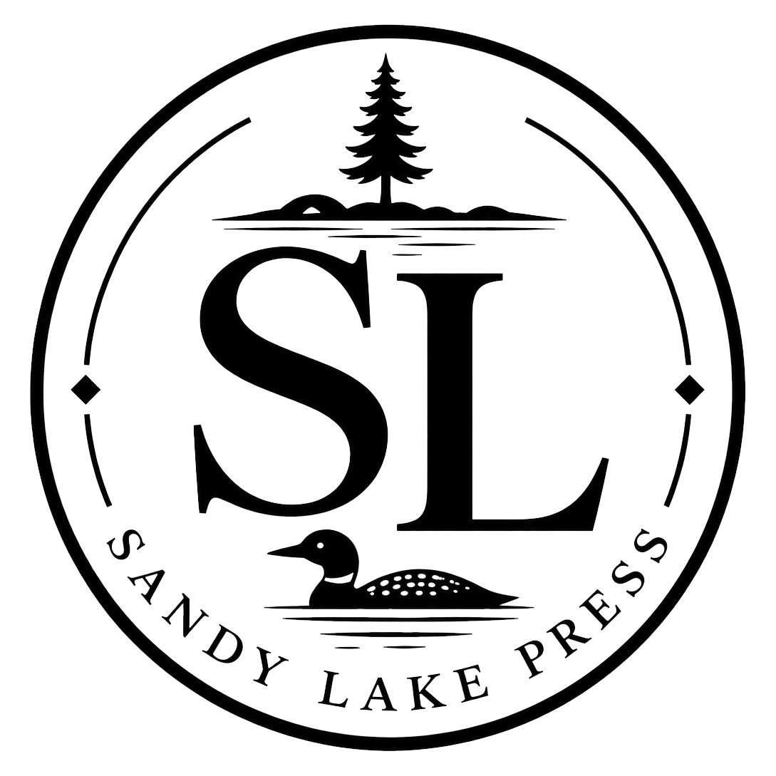 Sandy Lake Press medallion with a loon, pine and lake