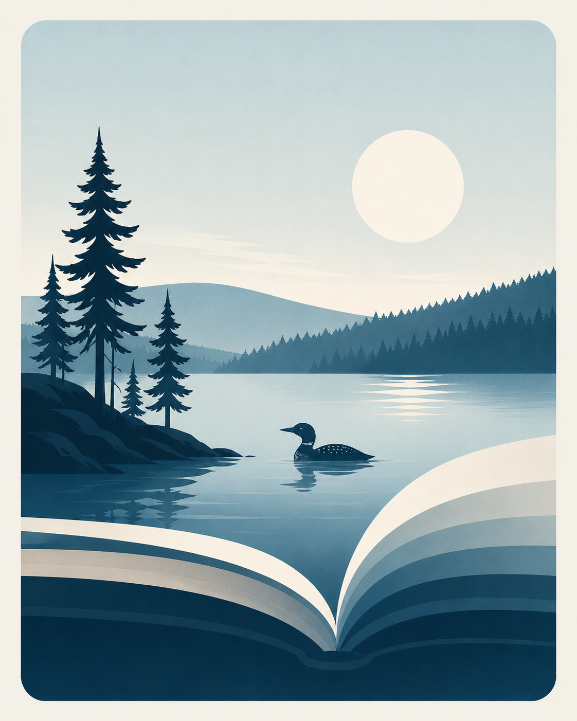 Illustration of a Canadian lake with a loon, pine trees, and an open book